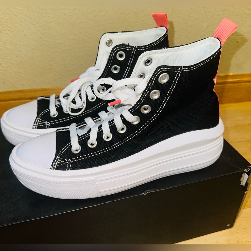 New Converse Platform Black/pink coral trim High Hi Top Sneakers Shoes Girls 5.5